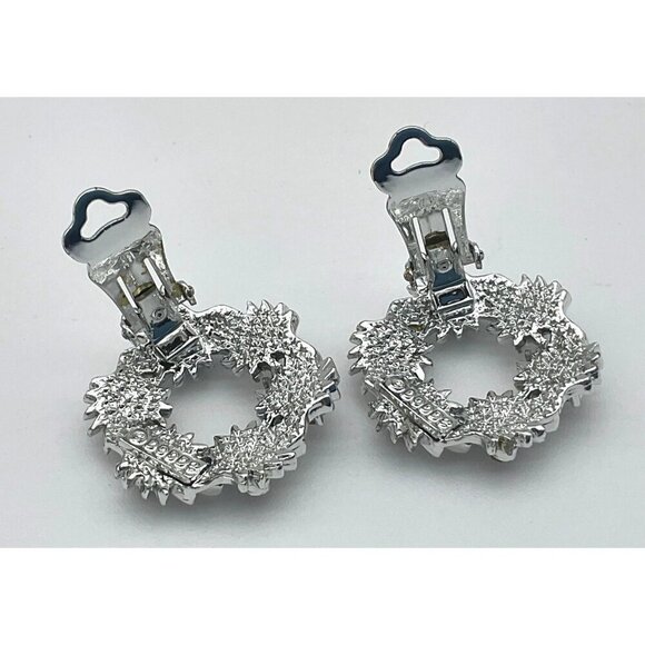 Vintage 50s/60s Dodds 1in Wreath Clip-On Earrings Silver-Tone Red Rhinestones - Picture 3 of 5